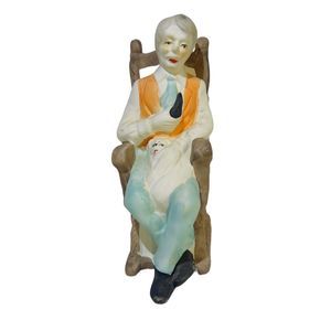 Bisque Ceramic Vintage Hand painted 6.25” Older Man‎ Rocking Chair Cat Pipe